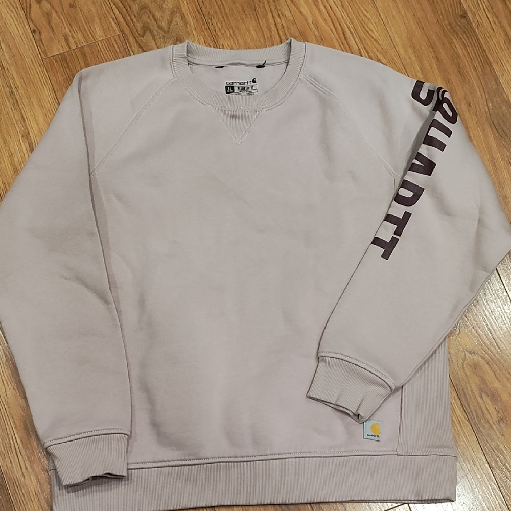 Carhartt Men's Crewneck Sweatshirt in Light Taupe with Brown Sleeve Logo